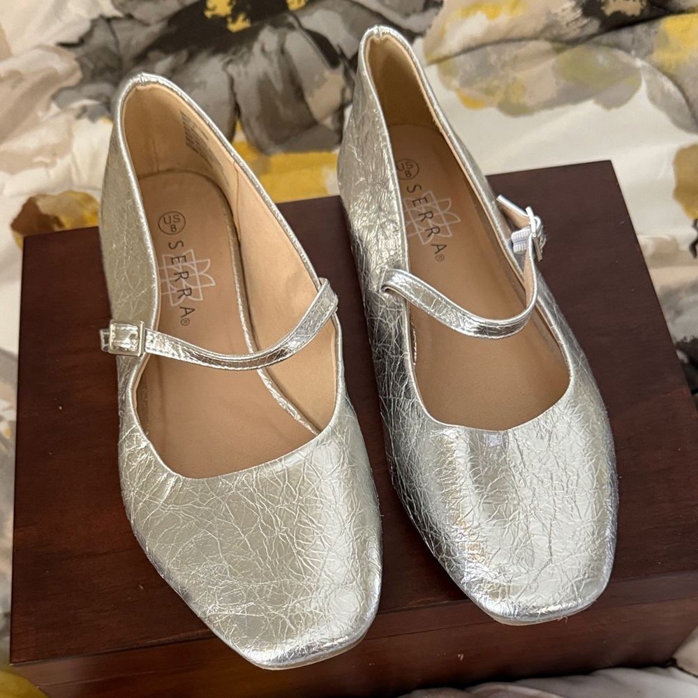 Serra Metallic Silver Mary Jane Flats with Strap